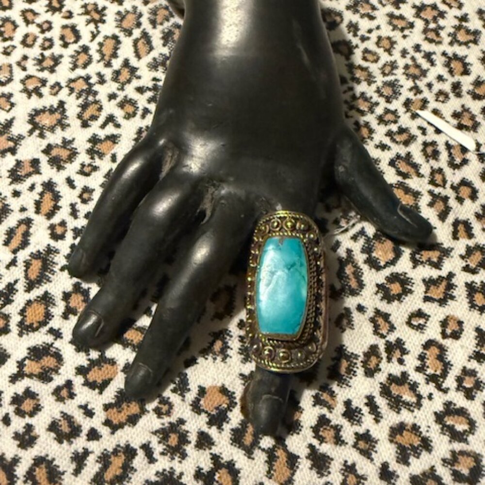 Handcrafted large brass ring w/turquoise/red stone Nepalese - Tibetan